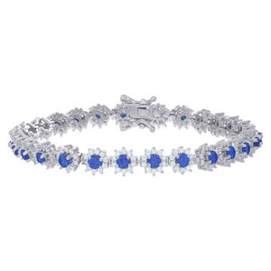 925 Sterling Silver  Blue Wht Cubic-Zirconia Flower Link Bracelet Size 7 Inches